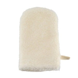 Natural loofah bath mitt with soft cream-colored fibrous texture and small fabric hanging loop