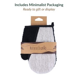 Exfoliating mitt in Natural Chic brand cardboard packaging with hanging tab