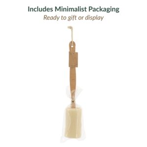 Loofah back scrubber displayed vertically with minimalist kraft paper packaging tag