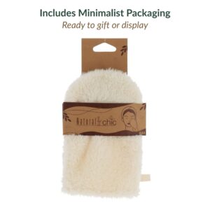 Loofah bath mitt displayed with Natural Chic kraft paper packaging featuring woman illustration and hanging hole