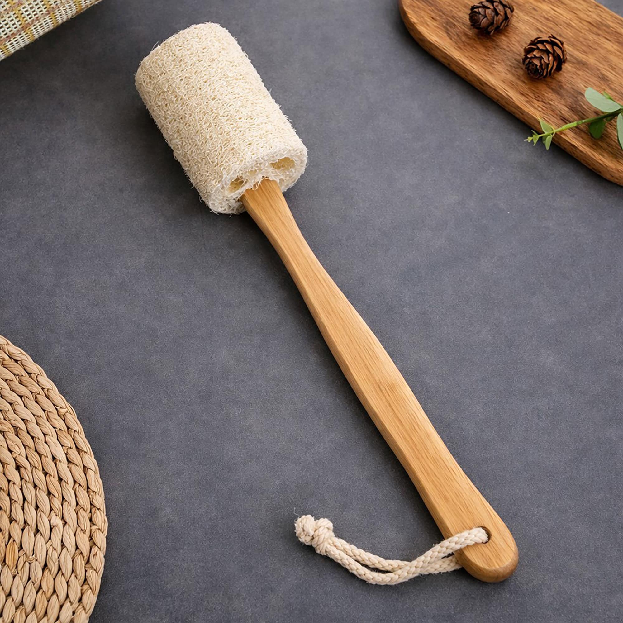 Natural loofah back scrubber styled on gray surface with woven basket, pinecones, and natural decor elements