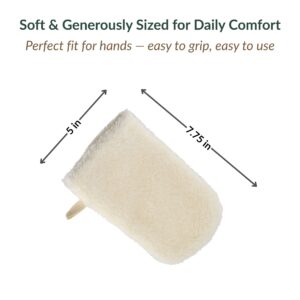 Bath mitt dimensions diagram showing 7.75-inch length and 5-inch width, sized for comfortable daily use