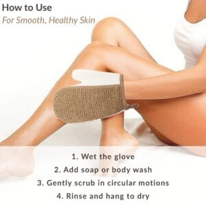 Woman using exfoliating mitt on her leg in bathroom with usage instructions listed