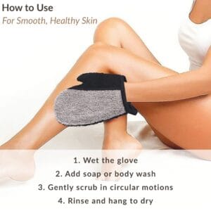 Woman using black and gray exfoliating mitt on her leg with step-by-step instructions