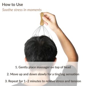 Person demonstrating head massager use on scalp with step-by-step instructions for stress relief