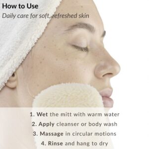 Woman with towel wrapped around head using loofah mitt on face, demonstrating step-by-step skincare routine