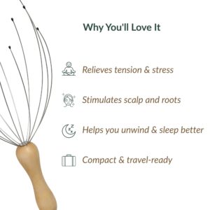 Head massager with benefits list including relieves tension and stress, stimulates scalp and roots, helps with sleep, and compact/travel-ready features