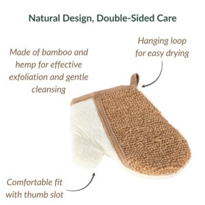 Product features diagram showing bamboo/hemp construction, hanging loop, and thumb slot design