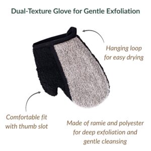 Product features diagram showing hanging loop, thumb slot, and ramie/polyester construction