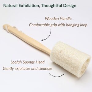 Loofah back scrubber with labeled features: wooden handle with comfortable grip and hanging loop, and loofah sponge head for gentle exfoliation and cleansing