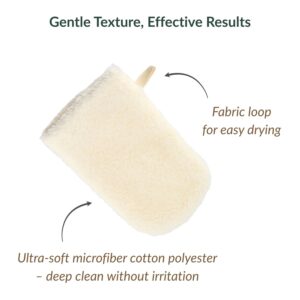 Close-up of loofah mitt construction showing fabric loop for easy drying and ultra-soft microfiber cotton polyester material for deep cleaning without irritation