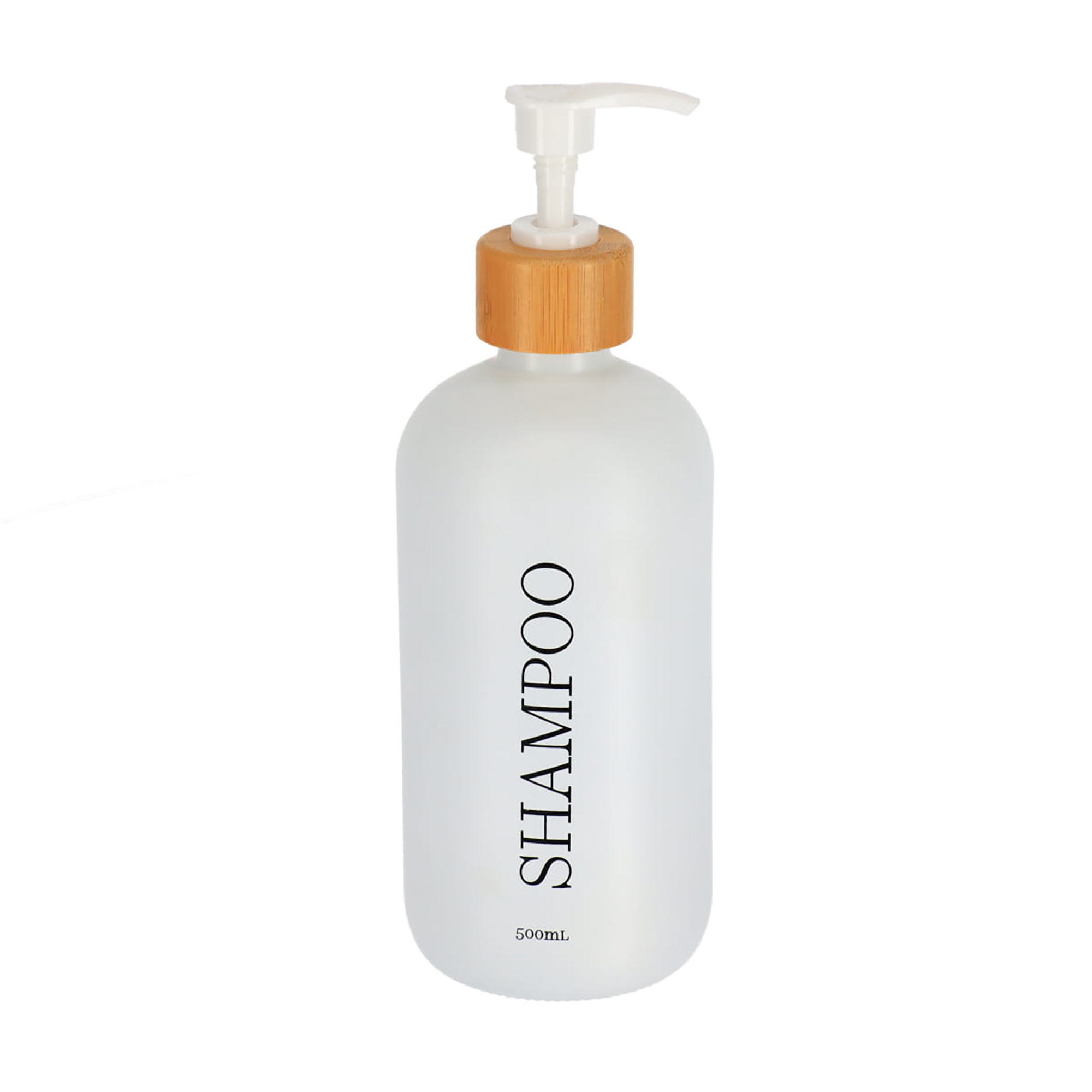 White shampoo dispenser bottle with bamboo pump collar on white background