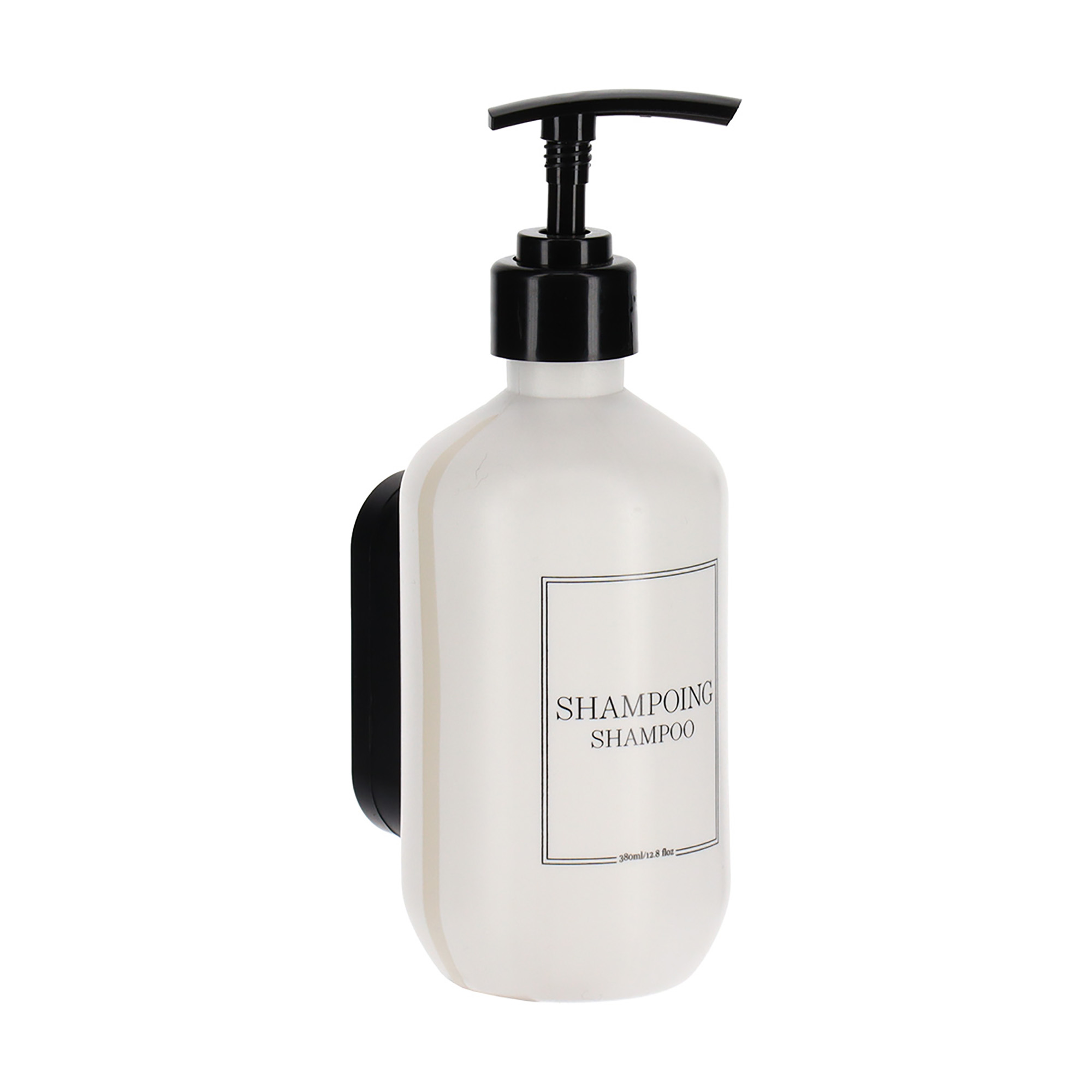 White wall-mounted shampoo dispenser with black pump on white background