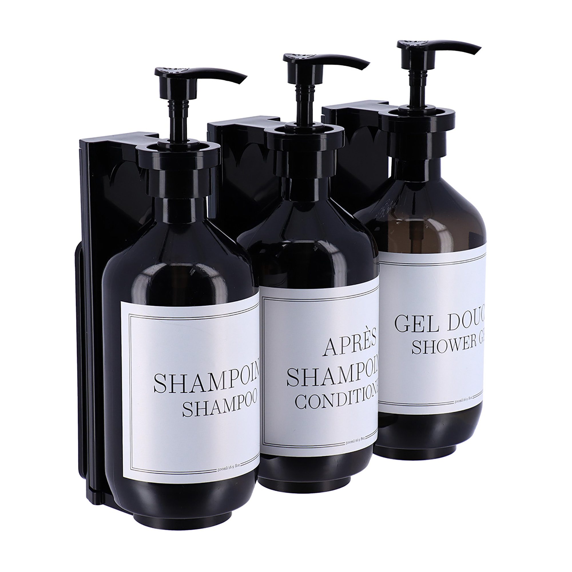 Set of three black wall-mounted shampoo conditioner shower gel dispensers