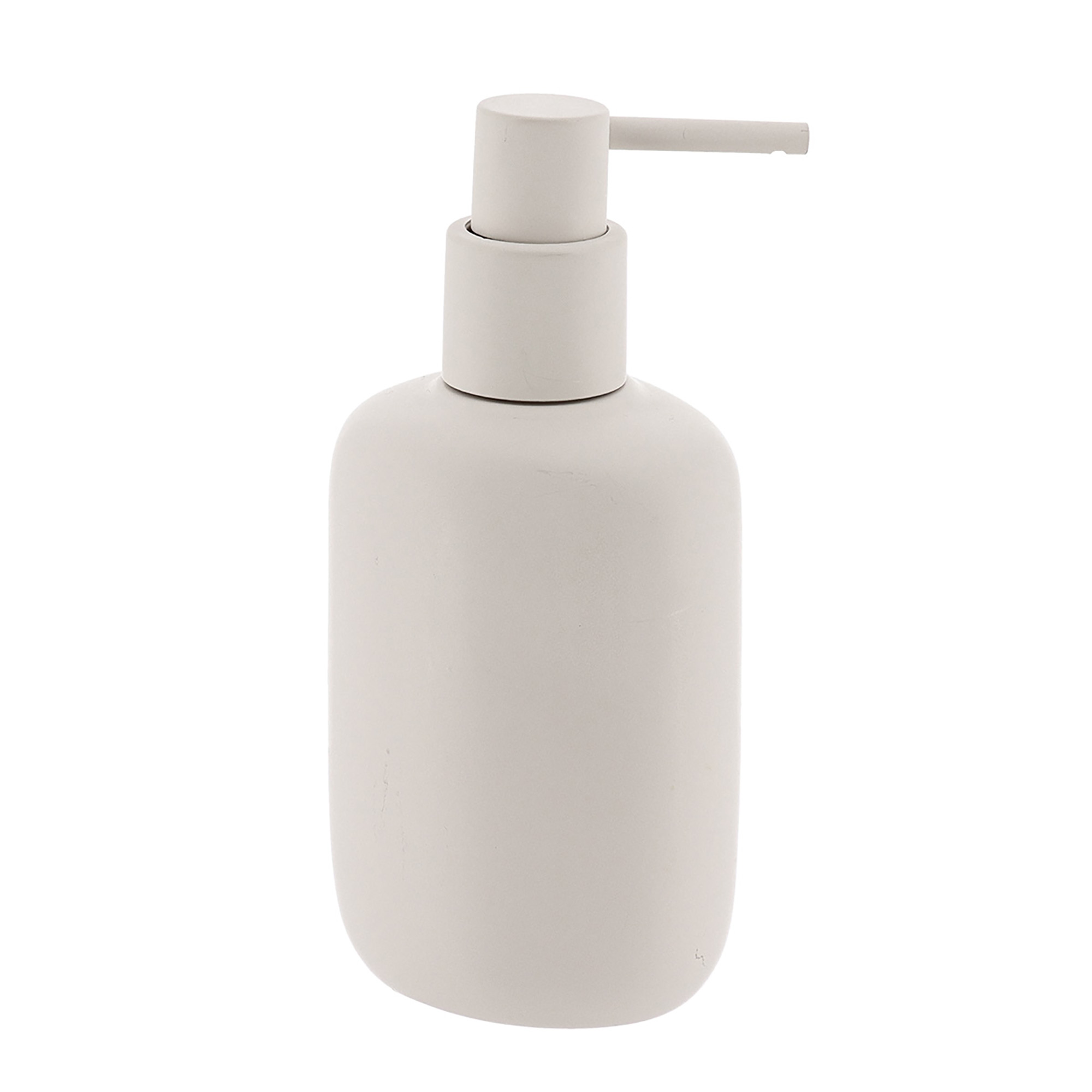 Beige polyresin soap dispenser on white background