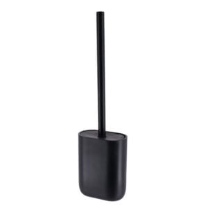 Black polyresin toilet brush with holder on white background