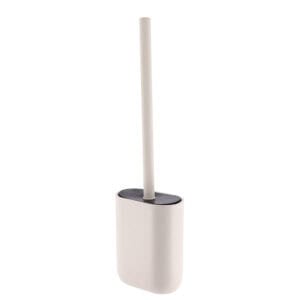 Beige polyresin toilet brush with holder on white background