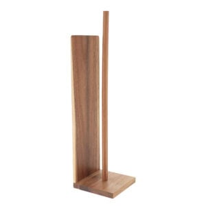 Freestanding acacia wood toilet paper holder on white background