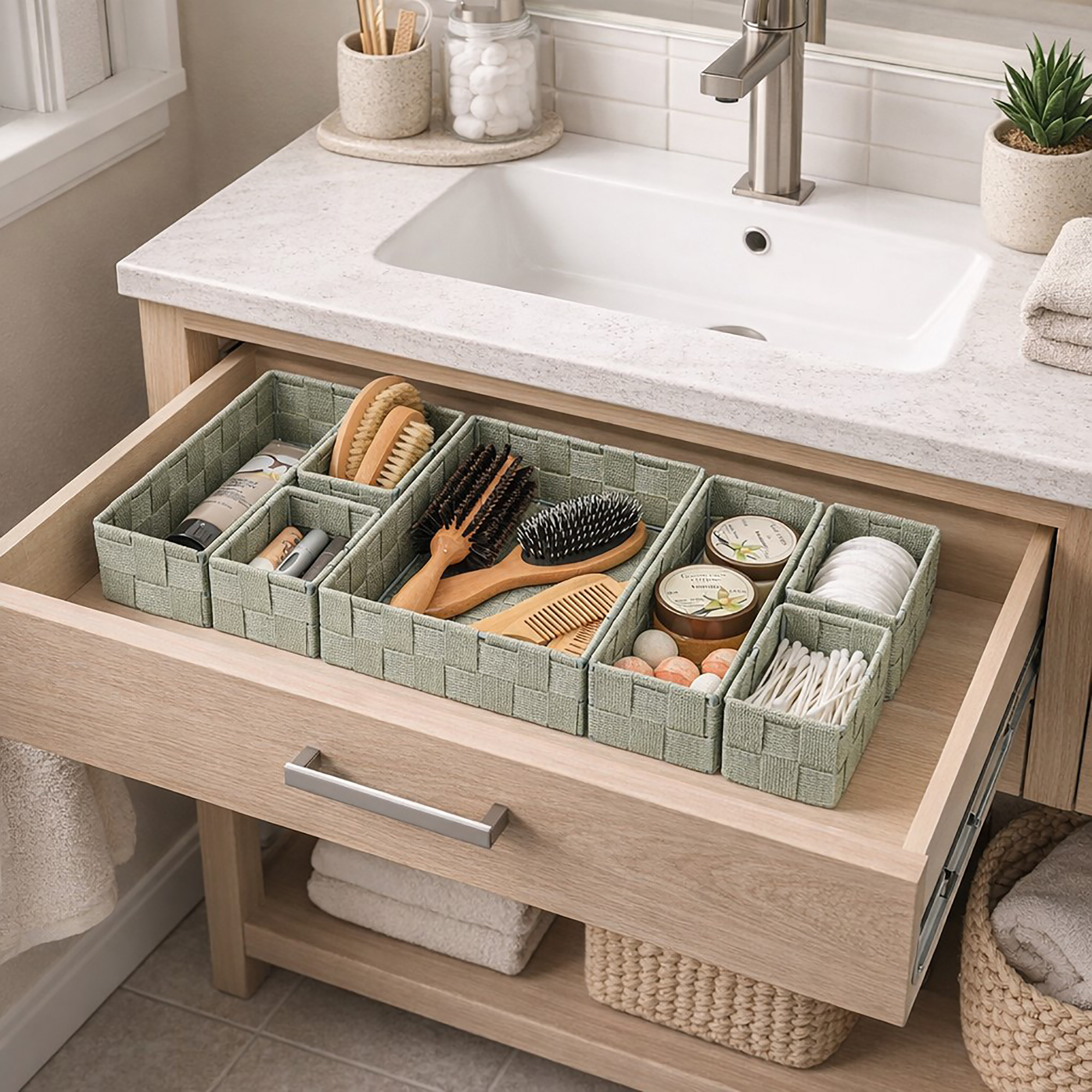Sage green braided drawer organizer set filled with beauty essentials including hairbrushes, a comb, cotton pads, q-tips, and skincare products in an open bathroom vanity drawer.