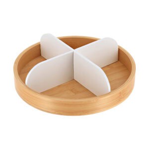 Round bamboo rotating organizer with matte white dividers empty on white background