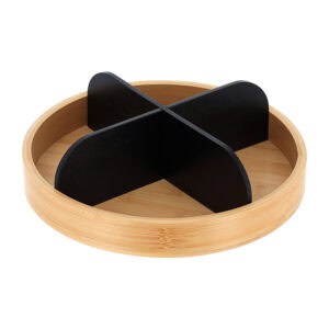 Round bamboo rotating organizer with matte black dividers empty on white background