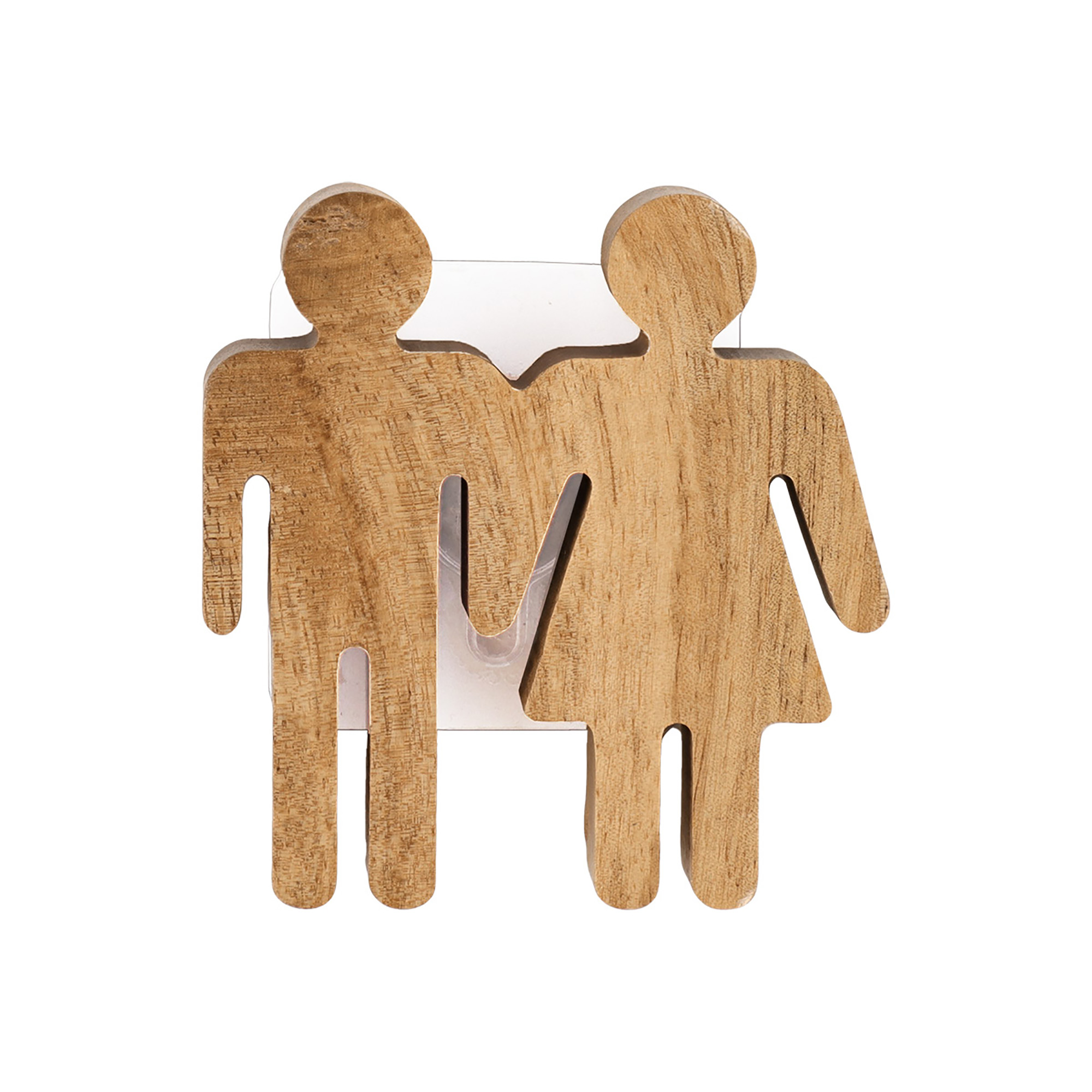Natural wood unisex restroom door sign with adhesive backing on white background