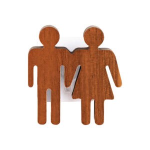 Natural wood unisex restroom door sign with adhesive backing on white background