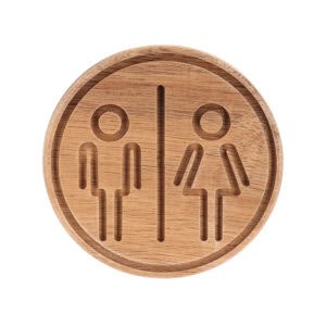 Round natural wood unisex restroom door sign with adhesive backing on white background