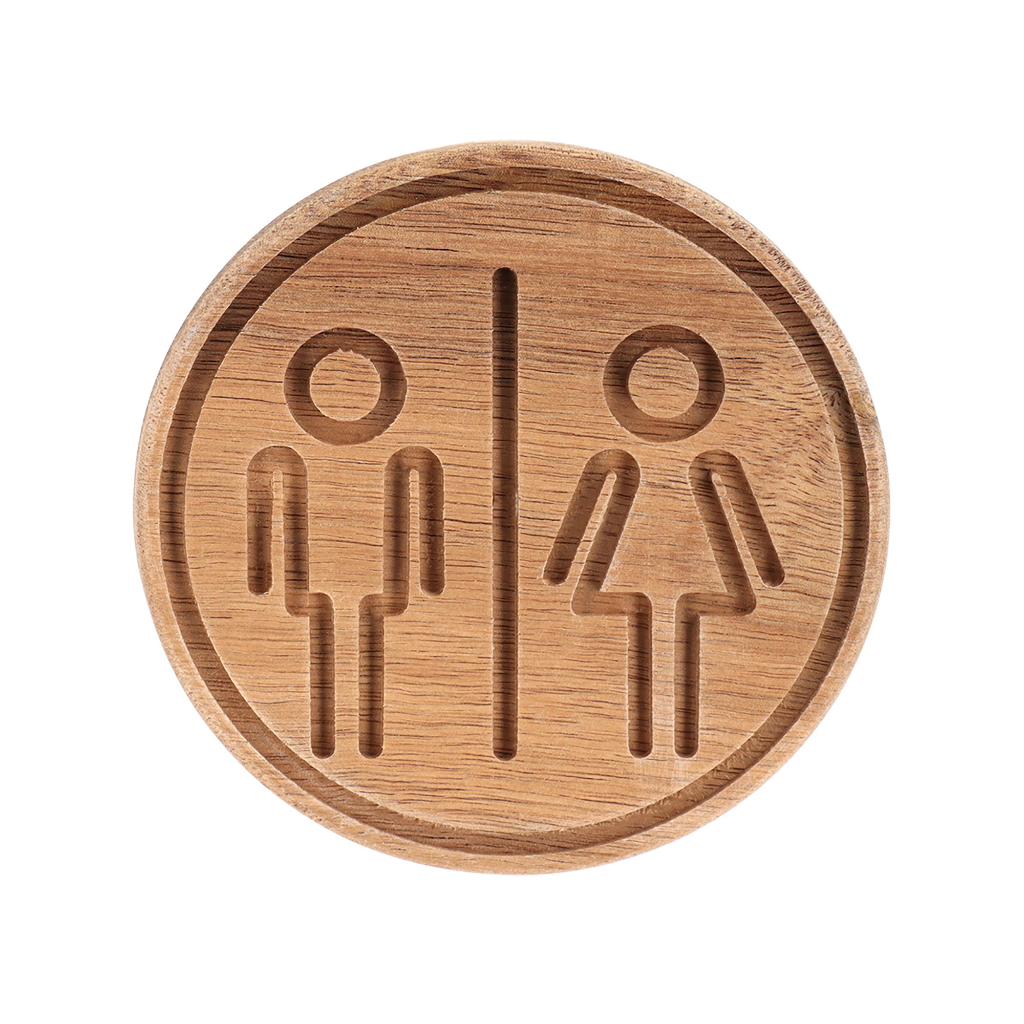 Round natural wood unisex restroom door sign with adhesive backing on white background