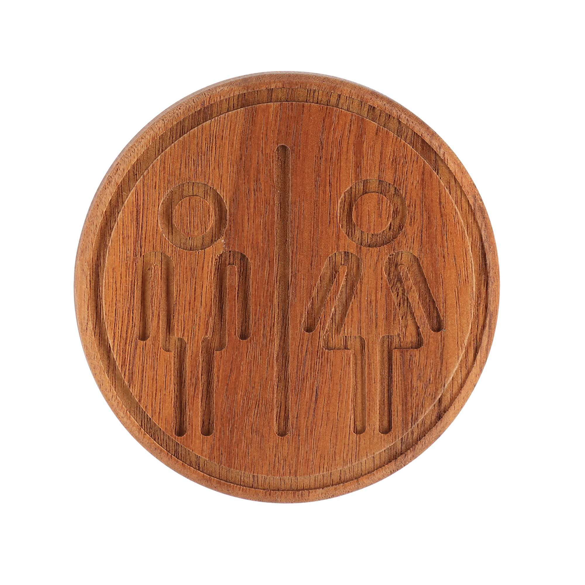 Round acacia wood unisex restroom door sign with adhesive backing on white background