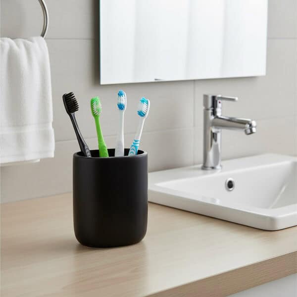 Black bathroom tumbler holding toothbrushes on countertop