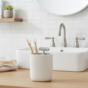 Beige bathroom tumbler holding toothbrushes on countertop