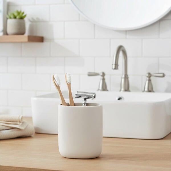 Beige bathroom tumbler holding toothbrushes on countertop