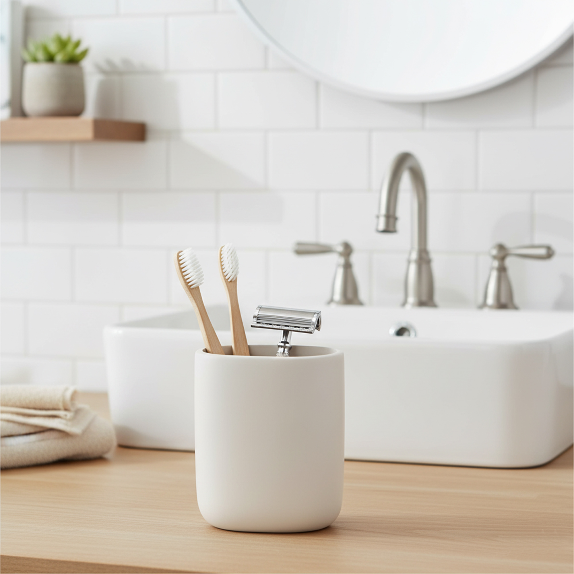 Beige bathroom tumbler holding toothbrushes on countertop
