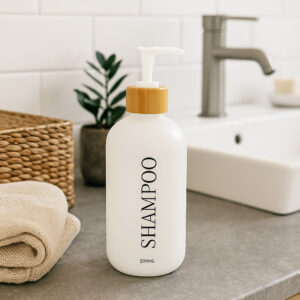 White shampoo bottle on bathroom counter with towels and basket
