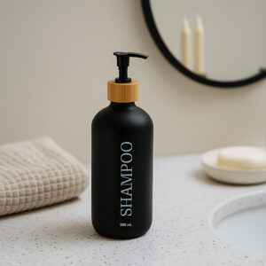 Black shampoo bottle on bathroom counter with towel