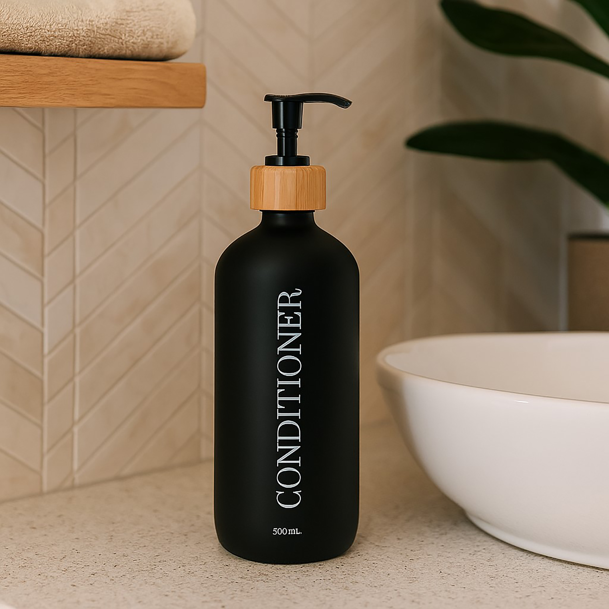 Black conditioner bottle on bathroom counter