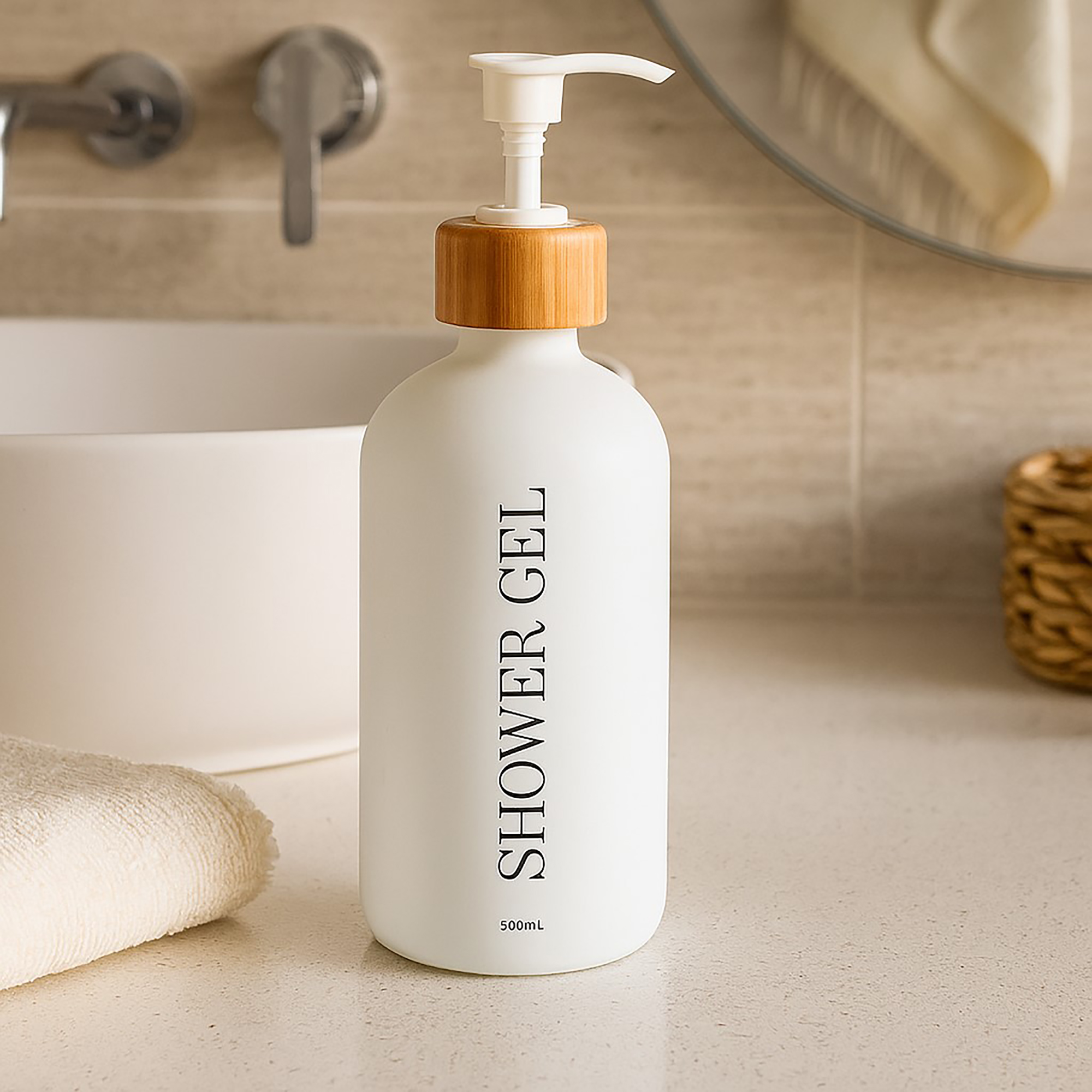 White shower gel bottle on bathroom counter with towel