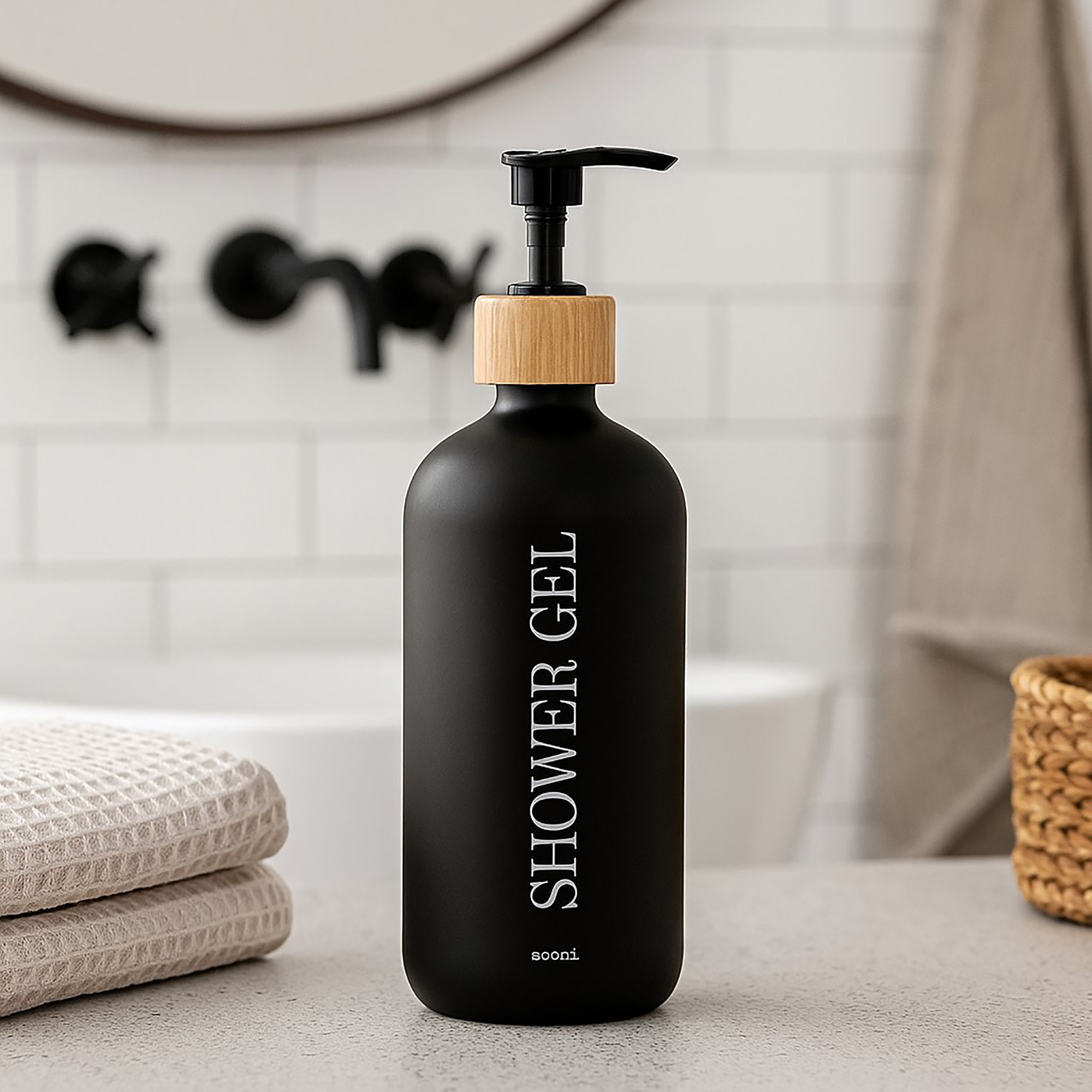 Black shower gel bottle on bathroom counter with towels and basket