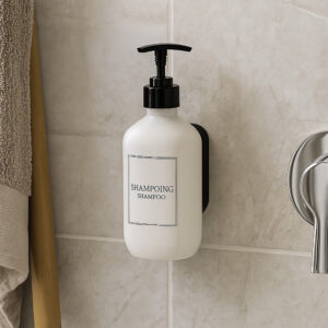 White shampoo dispenser mounted on bathroom tile wall