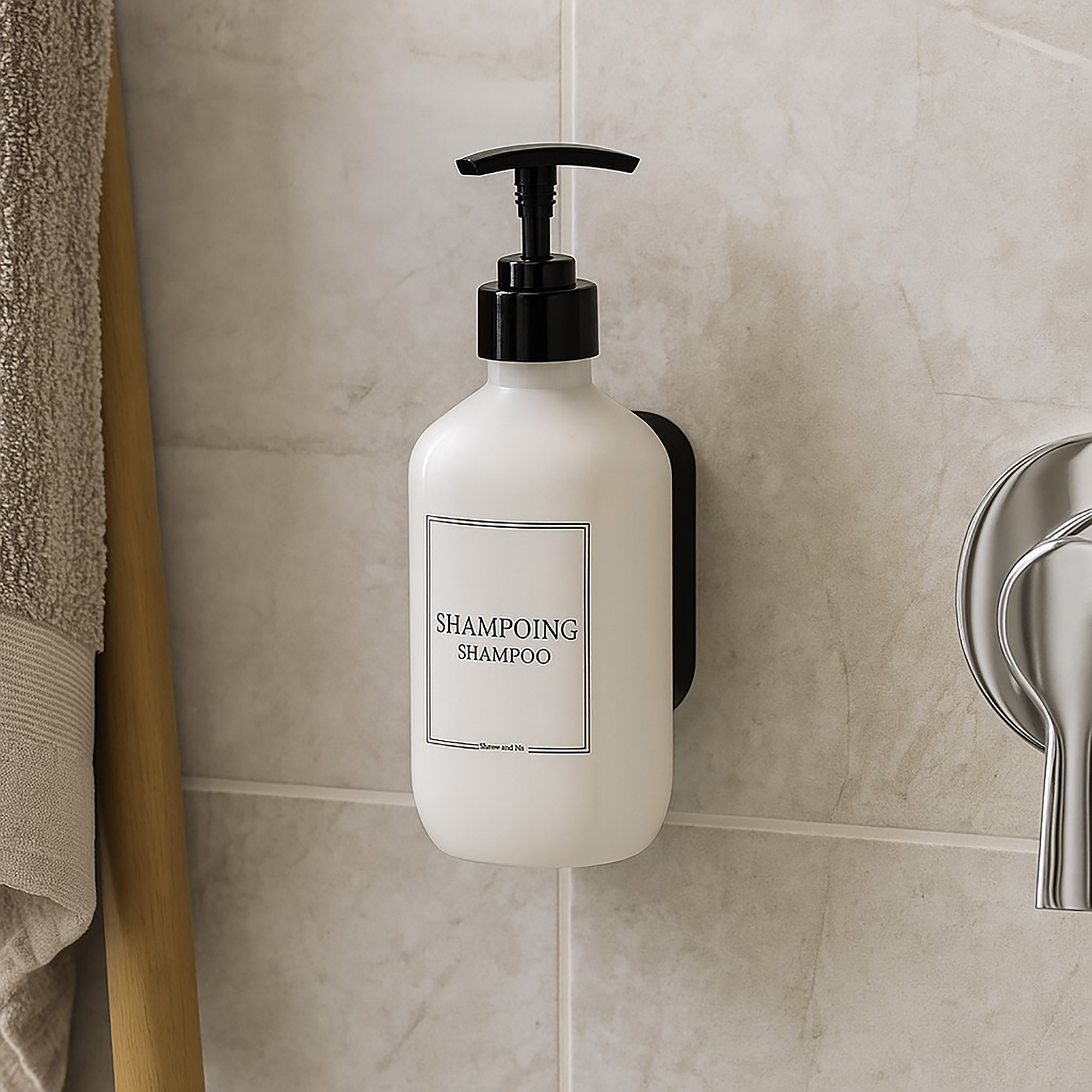 White shampoo dispenser mounted on bathroom tile wall