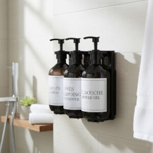 Black refillable dispenser trio mounted on bathroom wall