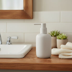 Beige soap dispenser on bathroom counter