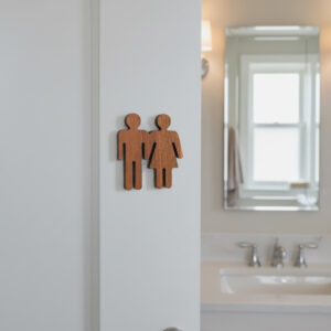 Natural wooden restroom sign installed on door with bathroom visible in background