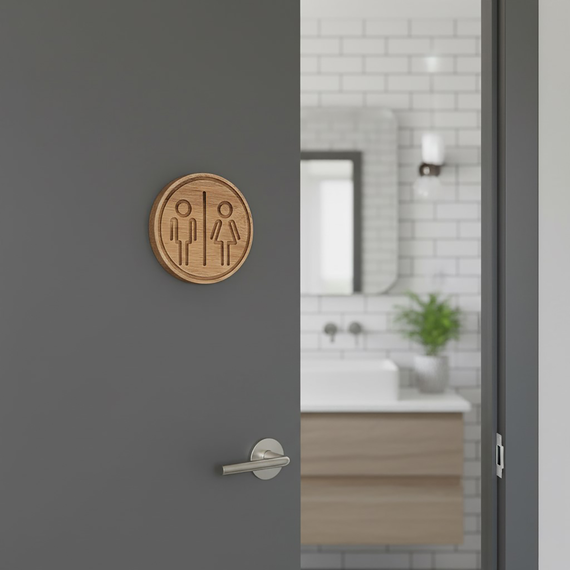 Natural wooden restroom sign installed on grey door with bathroom visible inside