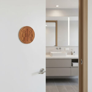 Acacia wood restroom sign installed on white door with bathroom in background