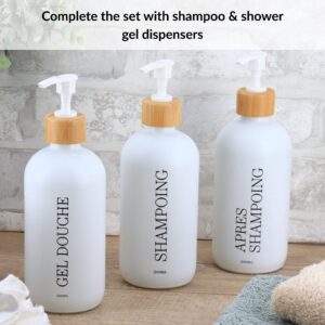 Conditioner shampoo shower gel dispenser set on countertop