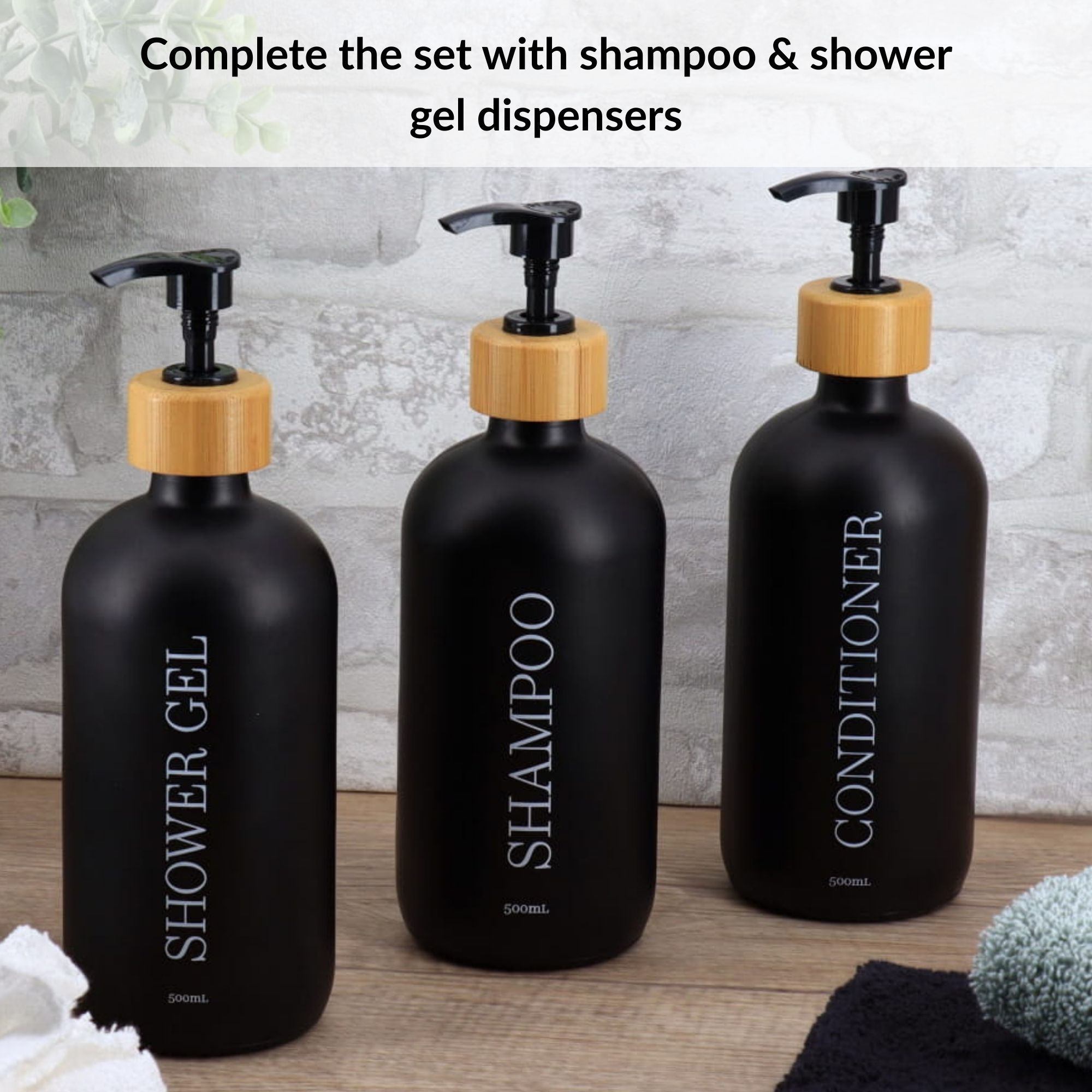 Conditioner shampoo shower gel dispenser set on countertop