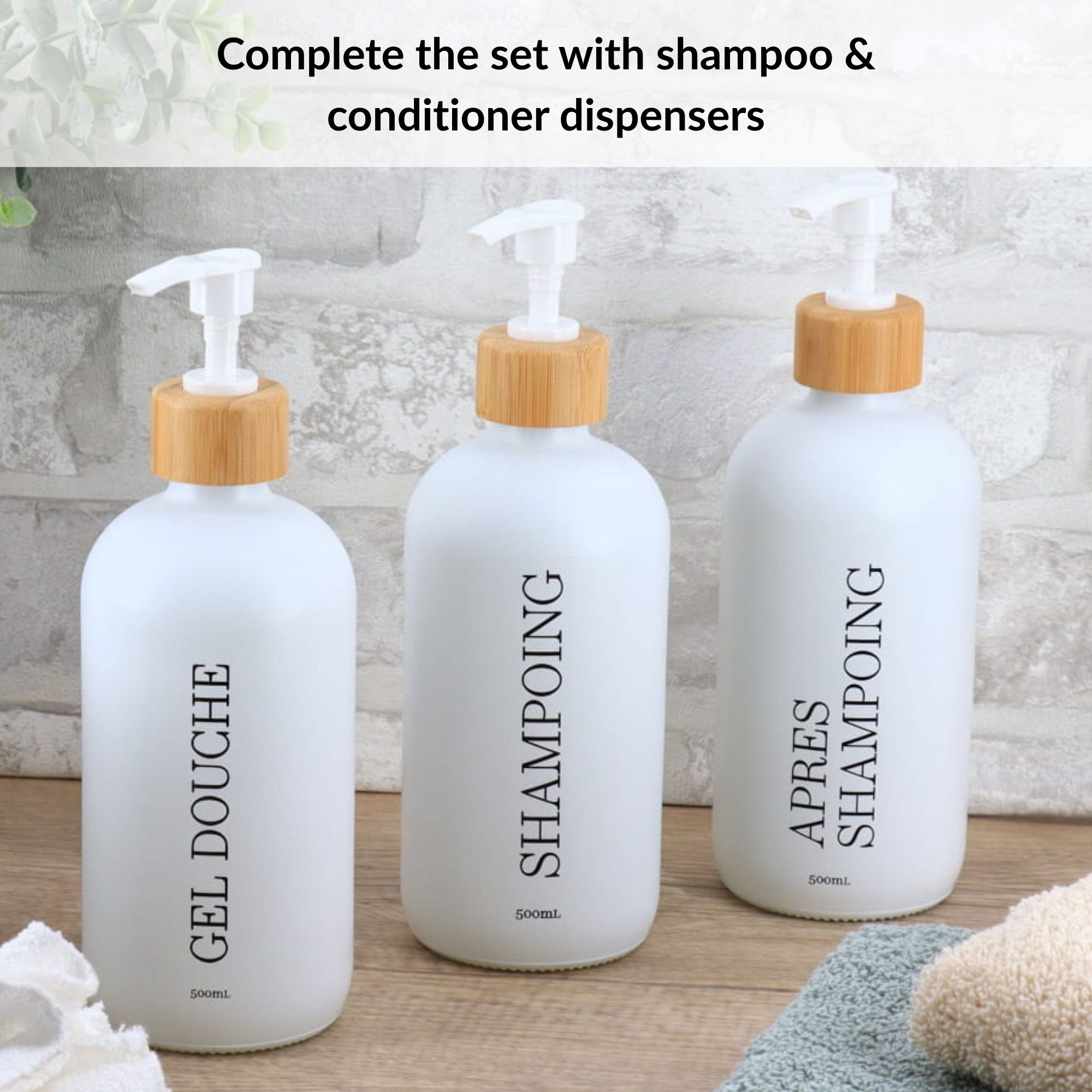 Shower gel shampoo conditioner dispenser set on countertop