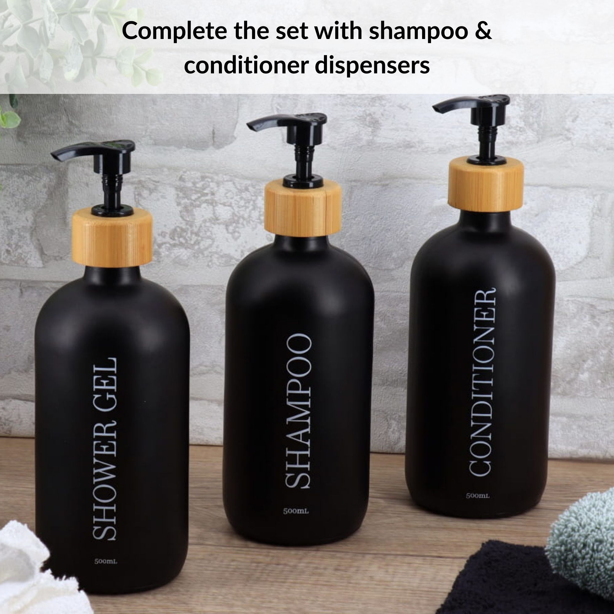 Shower gel shampoo conditioner dispenser set on countertop